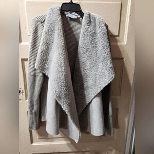 Bagatelle Faux Fur Shearling Open Front Warm Grey Knit Cardigan NWT
